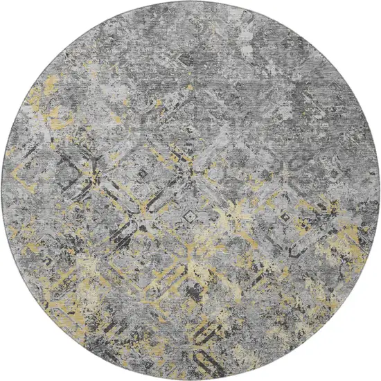 8' Gray Gold And Silver Diamond Washable Round Rug With UV Protection Photo 4