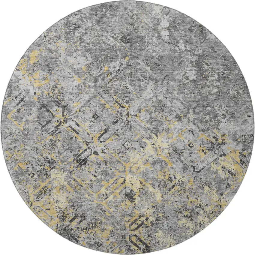 8' Gray Gold And Silver Diamond Washable Round Rug With UV Protection Photo 4