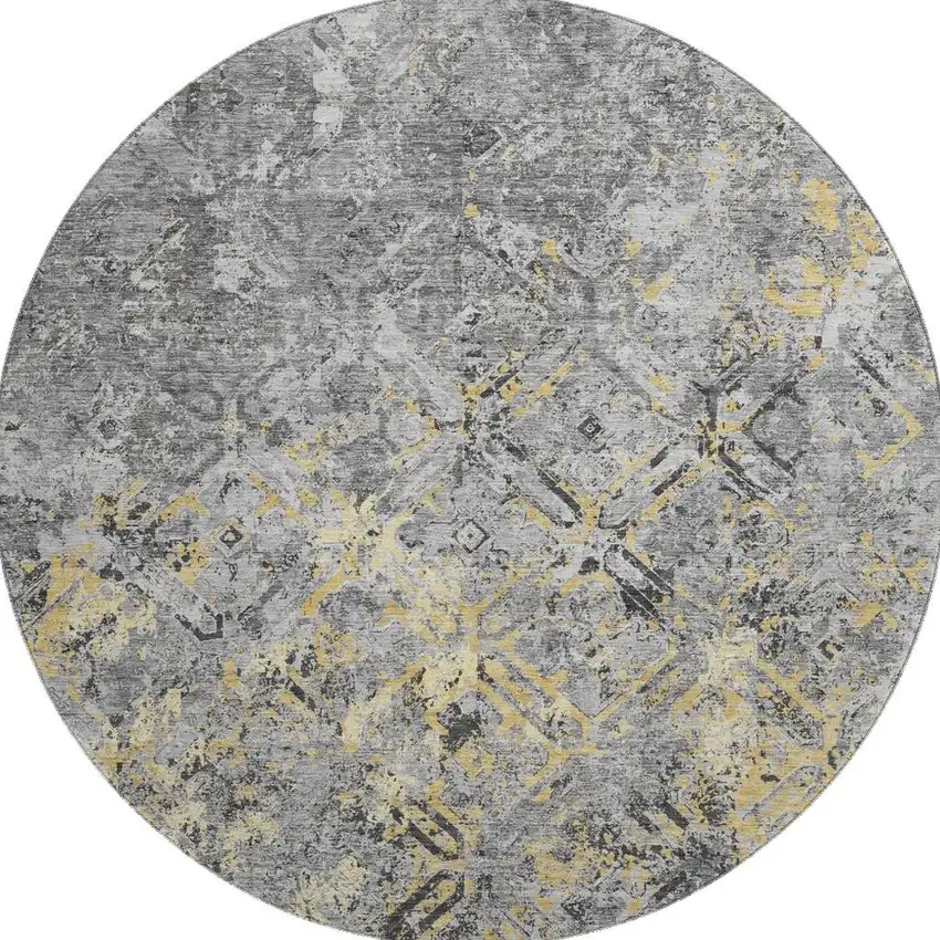 8' Gray Gold And Silver Diamond Washable Round Rug With UV Protection Photo 3