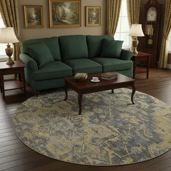 8' Gray Gold And Silver Floral Medallion Washable Round Rug With UV Protection Photo 2