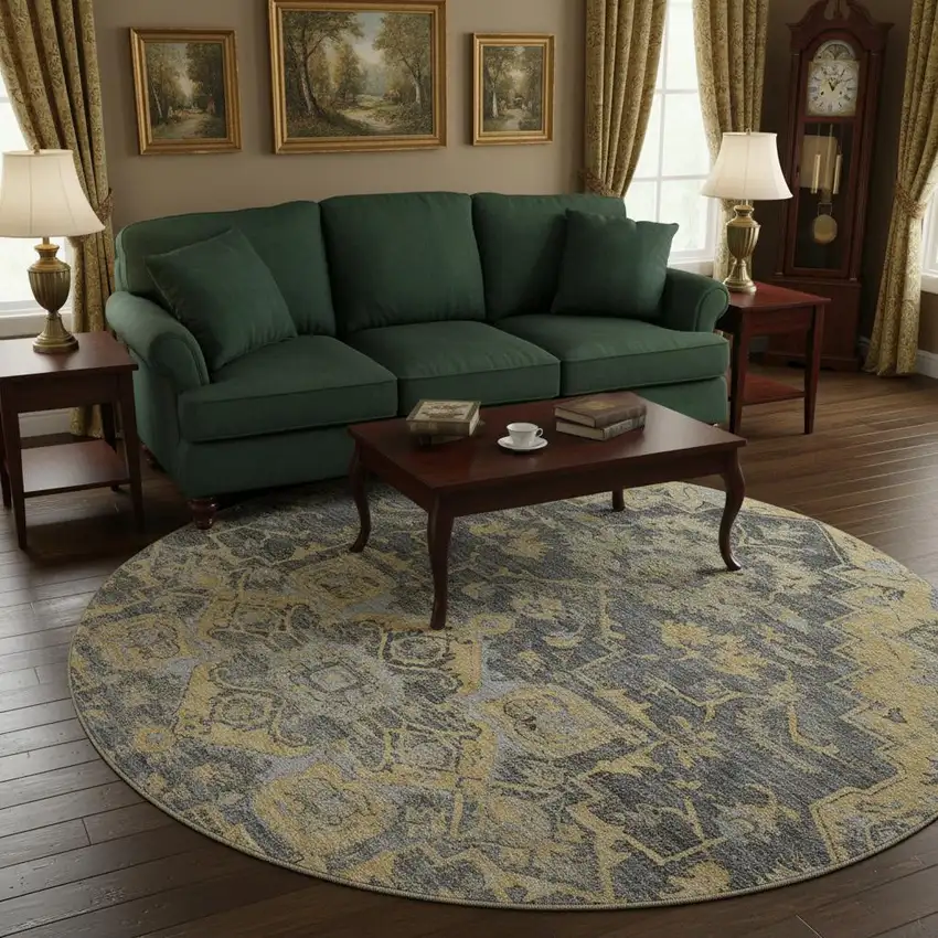 8' Gray Gold And Silver Floral Medallion Washable Round Rug With UV Protection Photo 2