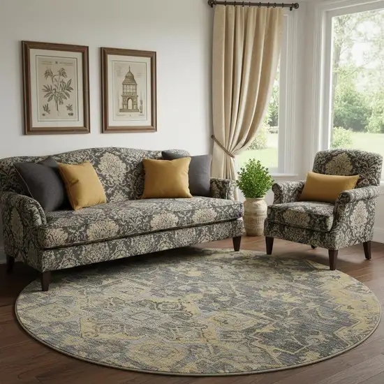 8' Gray Gold And Silver Floral Medallion Washable Round Rug With UV Protection Photo 1