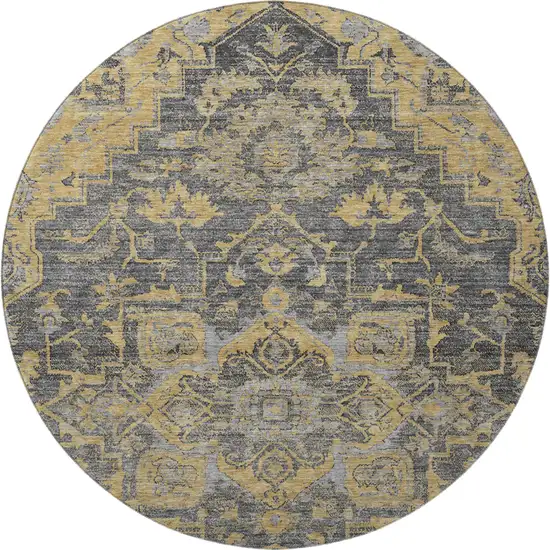 8' Gray Gold And Silver Floral Medallion Washable Round Rug With UV Protection Photo 4