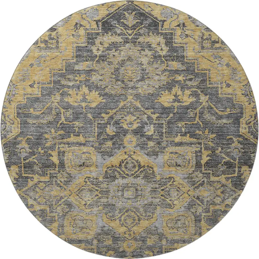 8' Gray Gold And Silver Floral Medallion Washable Round Rug With UV Protection Photo 4