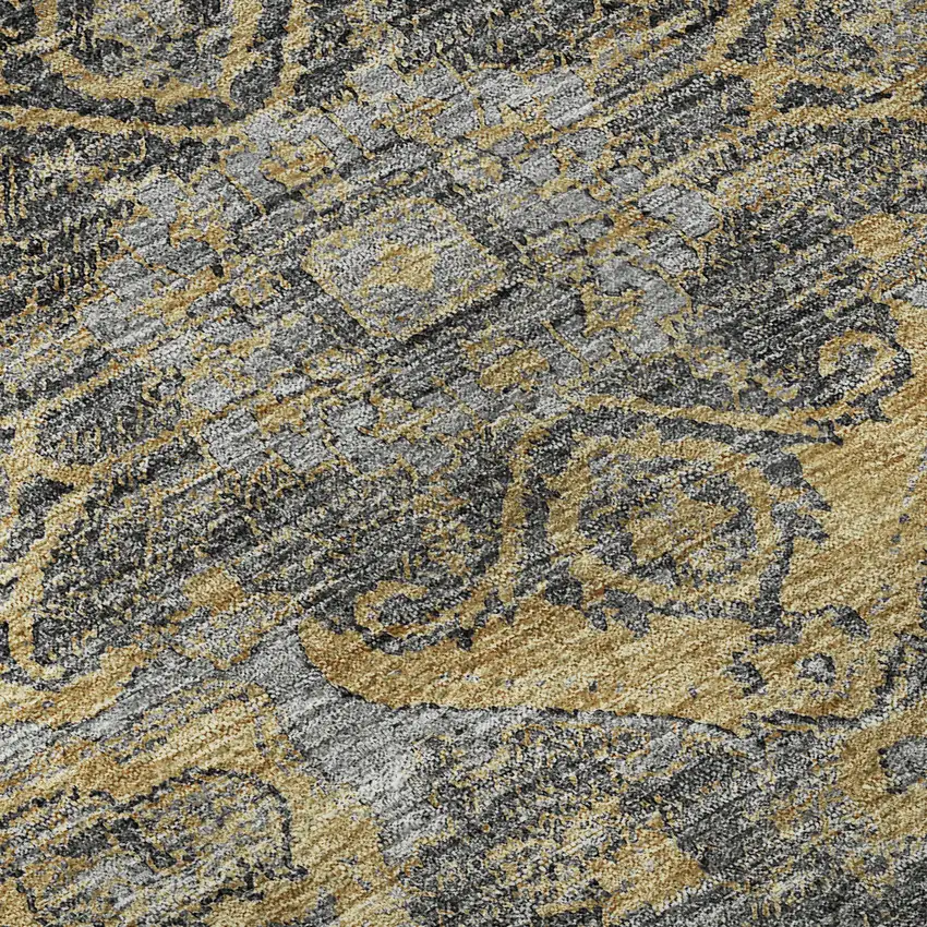 8' Gray Gold And Silver Floral Medallion Washable Round Rug With UV Protection Photo 9