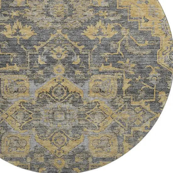8' Gray Gold And Silver Floral Medallion Washable Round Rug With UV Protection Photo 3