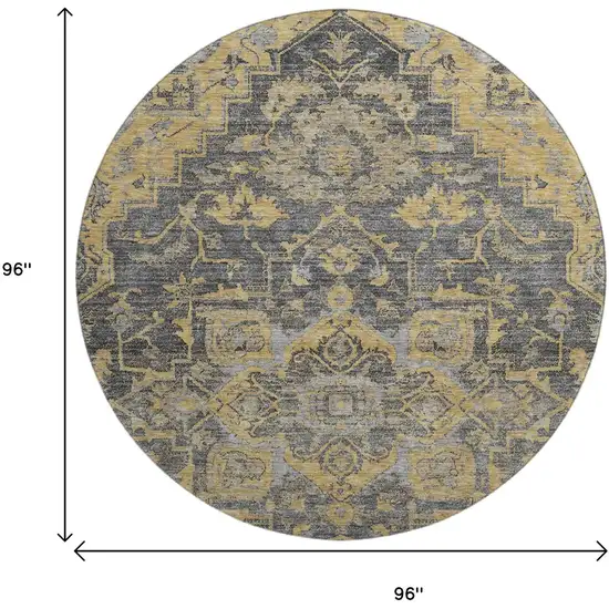 8' Gray Gold And Silver Floral Medallion Washable Round Rug With UV Protection Photo 3