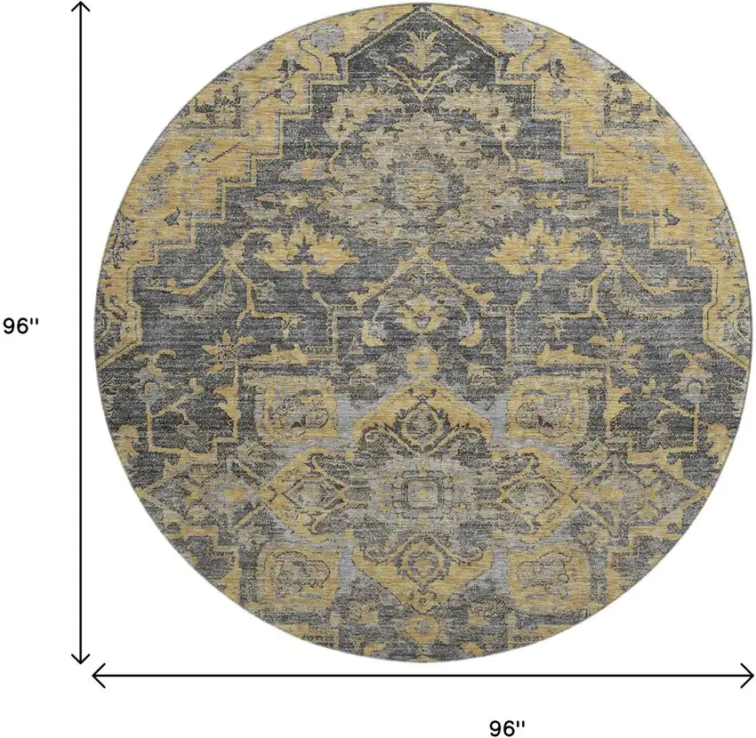 8' Gray Gold And Silver Floral Medallion Washable Round Rug With UV Protection Photo 3