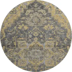 Photo of 8' Gray Gold And Silver Floral Medallion Washable Round Rug With UV Protection