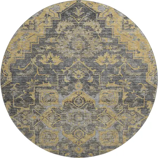 8' Gray Gold And Silver Floral Medallion Washable Round Rug With UV Protection Photo 1