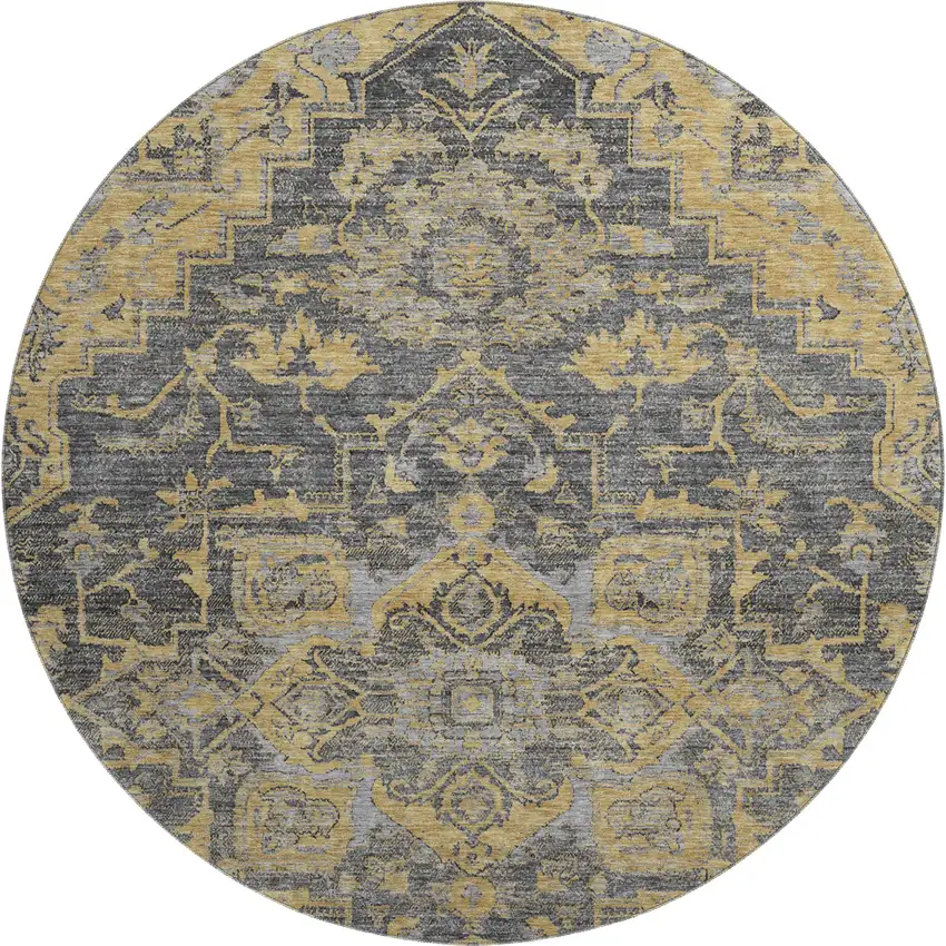 8' Gray Gold And Silver Floral Medallion Washable Round Rug With UV Protection Photo 1