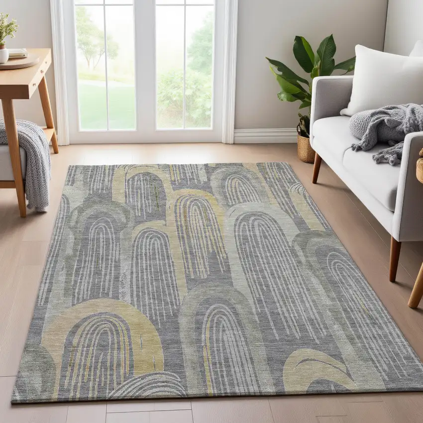 8' Gray Gold And Silver Geometric Washable Area Rug With UV Protection Photo 4