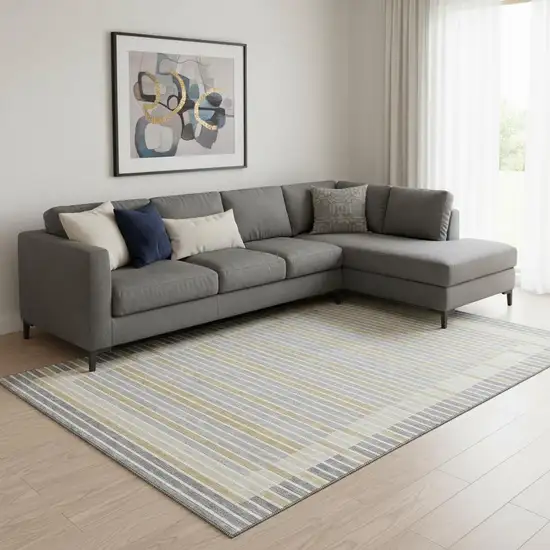 8' Gray Gold And Silver Striped Washable Area Rug With UV Protection Photo 2