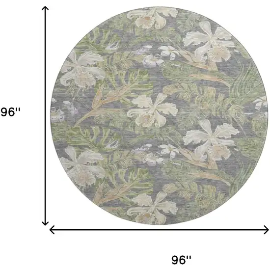 8' Gray Green And Beige Floral Washable Round Rug With UV Protection Photo 9
