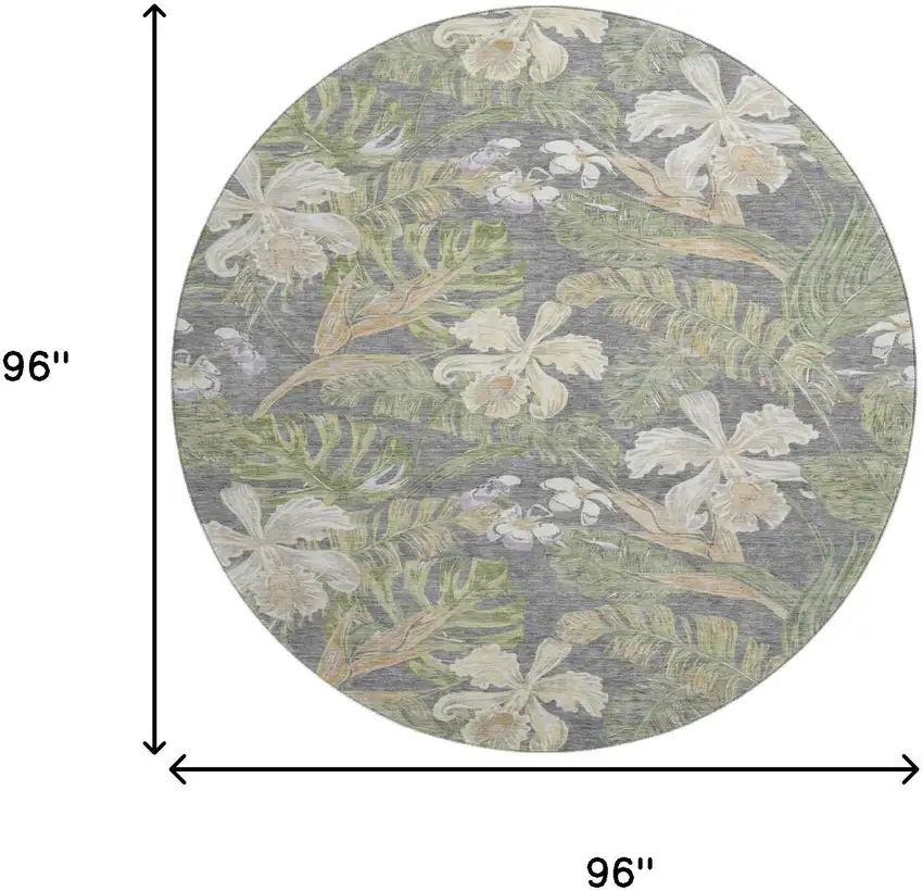 8' Gray Green And Beige Floral Washable Round Rug With UV Protection Photo 9