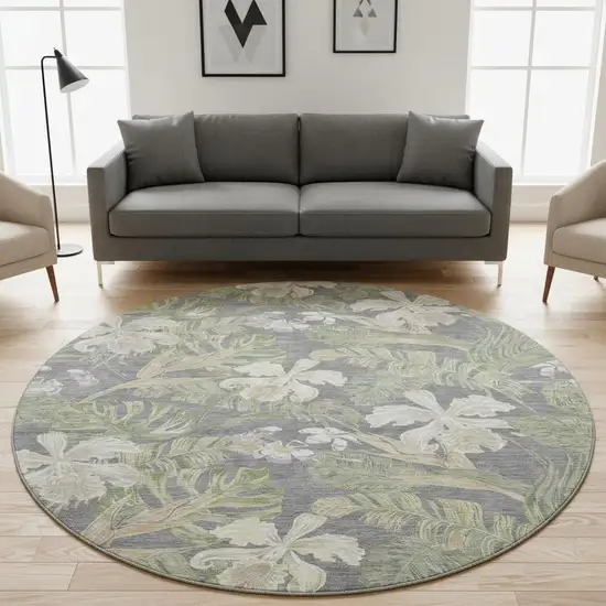 8' Gray Green And Beige Floral Washable Round Rug With UV Protection Photo 2