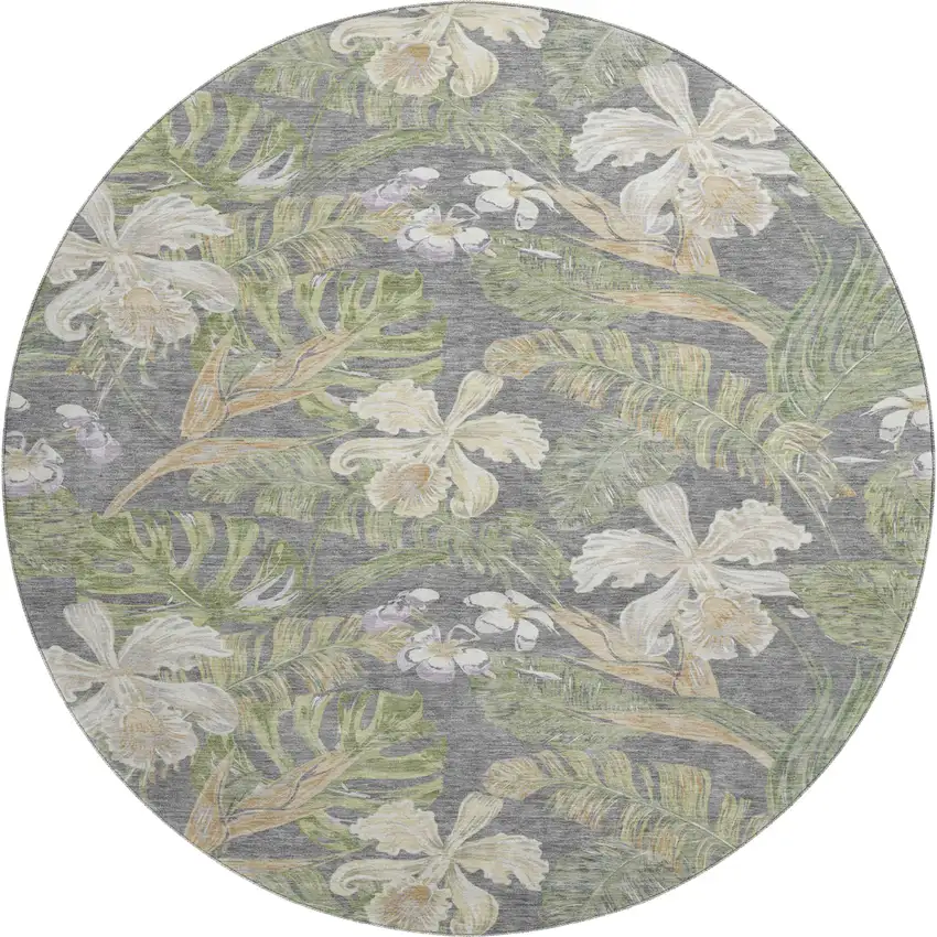8' Gray Green And Beige Floral Washable Round Rug With UV Protection Photo 1