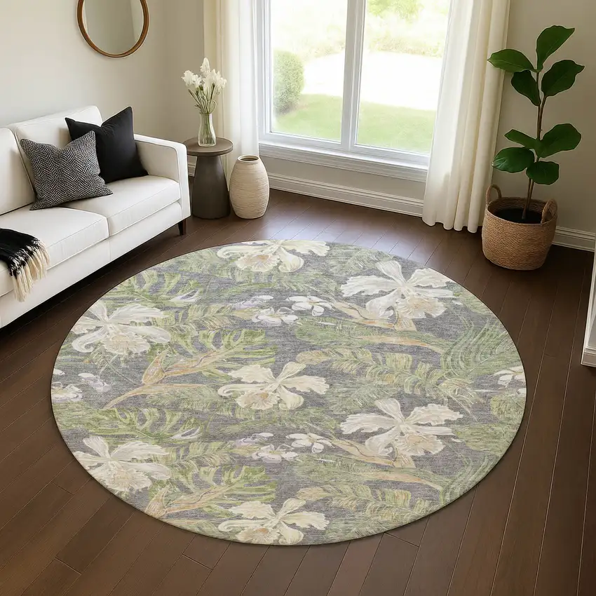 8' Gray Green And Beige Floral Washable Round Rug With UV Protection Photo 4