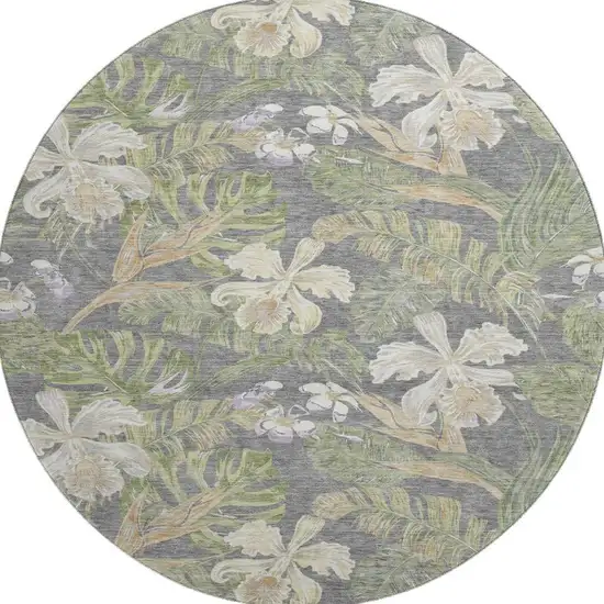 8' Gray Green And Beige Floral Washable Round Rug With UV Protection Photo 3