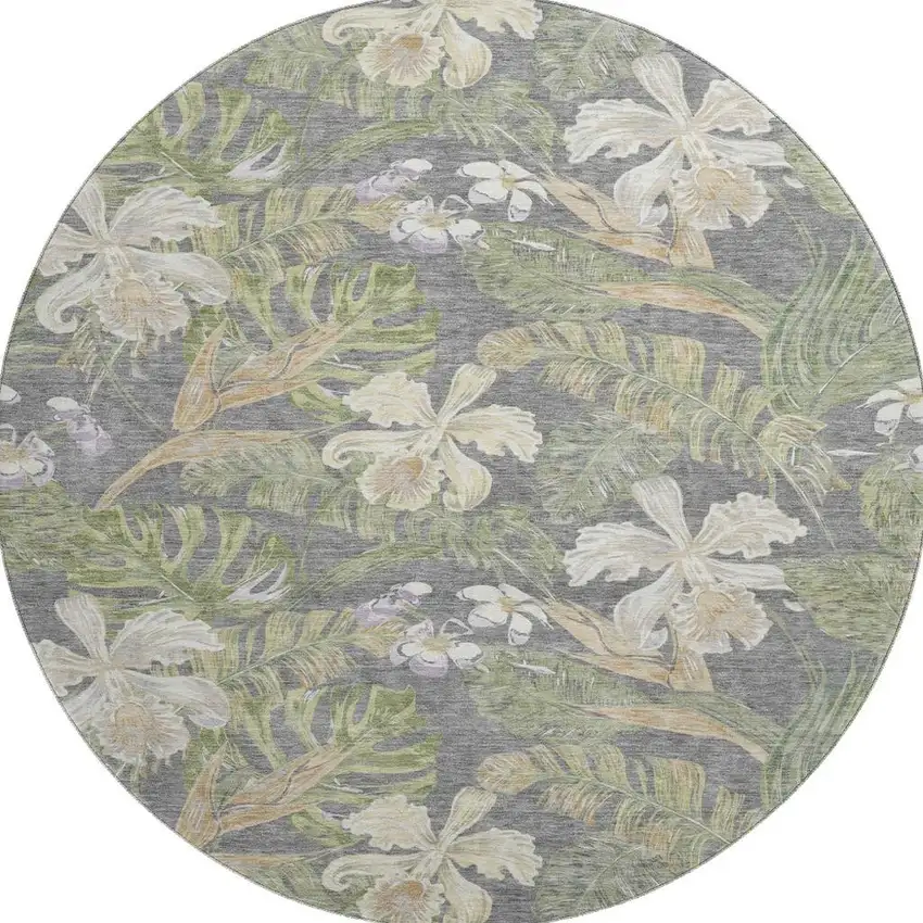 8' Gray Green And Beige Floral Washable Round Rug With UV Protection Photo 3