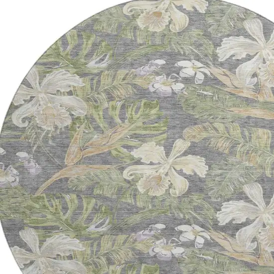 8' Gray Green And Beige Floral Washable Round Rug With UV Protection Photo 2