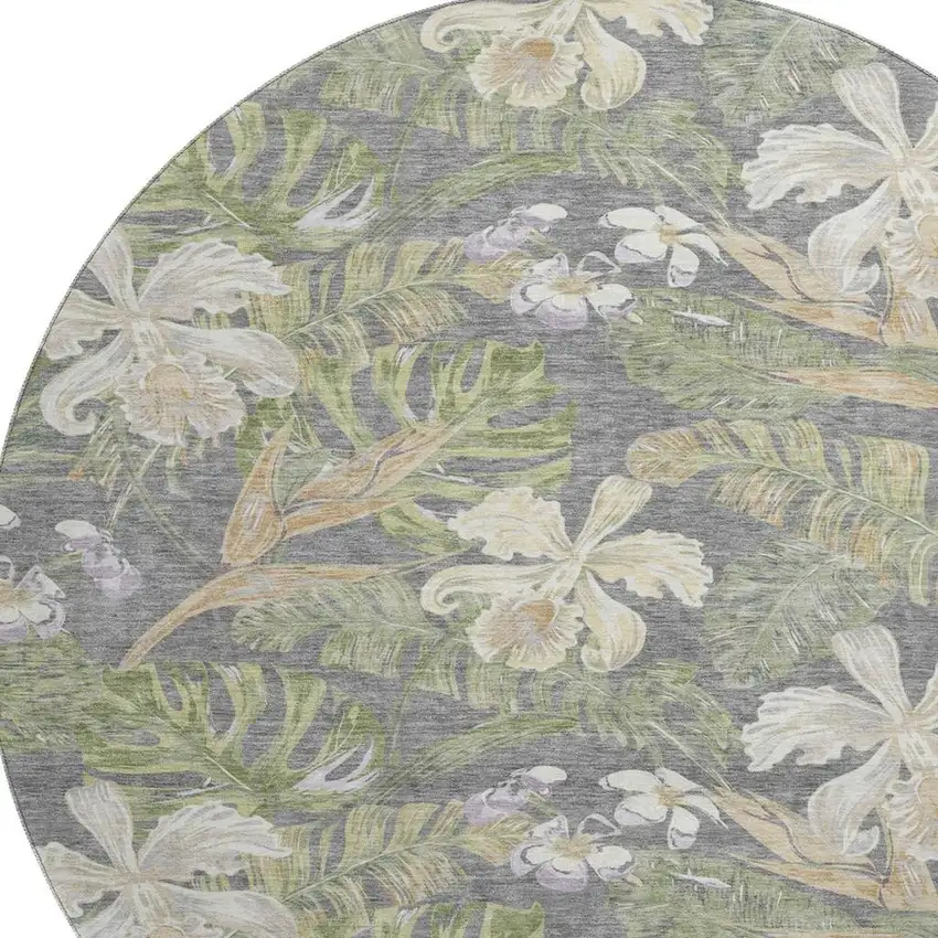 8' Gray Green And Beige Floral Washable Round Rug With UV Protection Photo 2