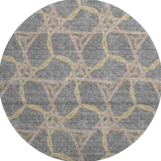 8' Gray Green And Beige Geometric Washable Round Rug With UV Protection Photo 3
