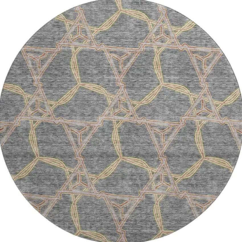 8' Gray Green And Beige Geometric Washable Round Rug With UV Protection Photo 3