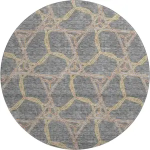 Photo of 8' Gray Green And Beige Geometric Washable Round Rug With UV Protection