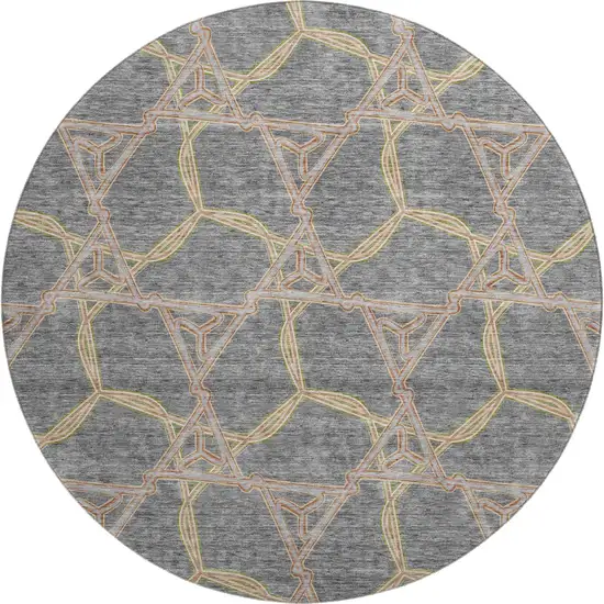 8' Gray Green And Beige Geometric Washable Round Rug With UV Protection Photo 1