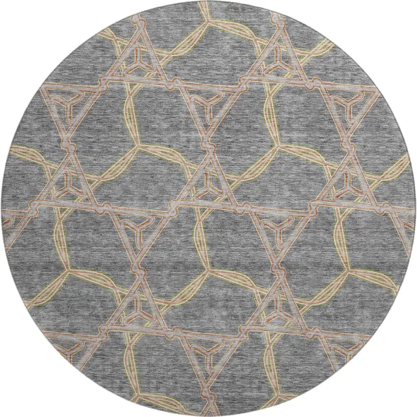 8' Gray Green And Beige Geometric Washable Round Rug With UV Protection Photo 1