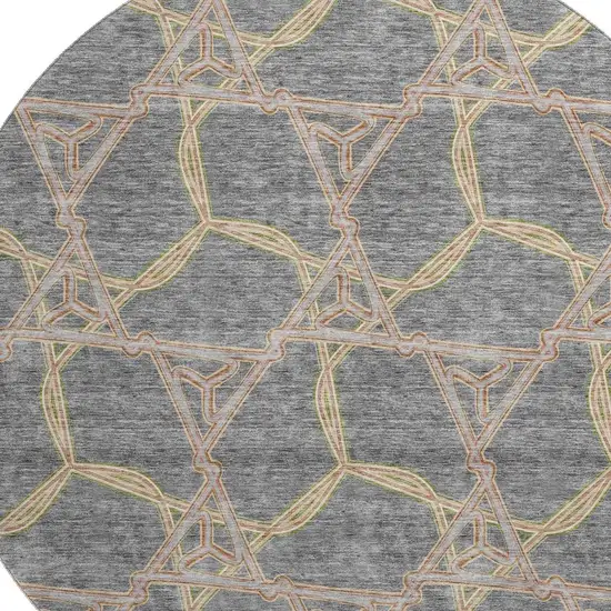 8' Gray Green And Beige Geometric Washable Round Rug With UV Protection Photo 2