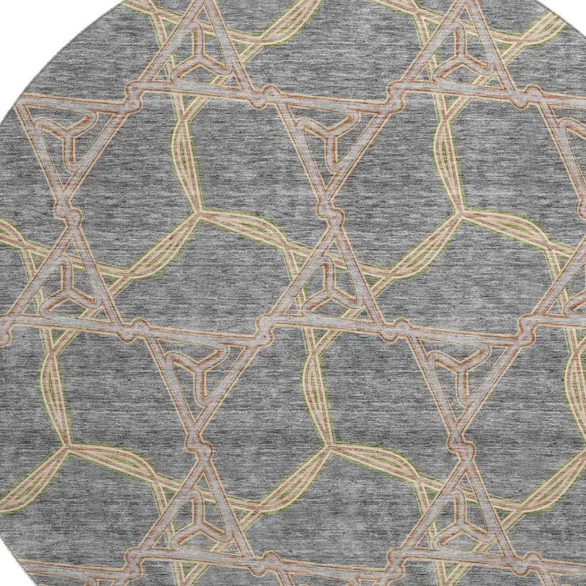 8' Gray Green And Beige Geometric Washable Round Rug With UV Protection Photo 2