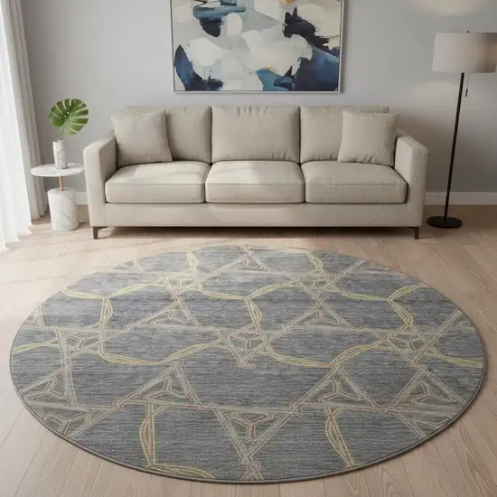 8' Gray Green And Beige Geometric Washable Round Rug With UV Protection Photo 2
