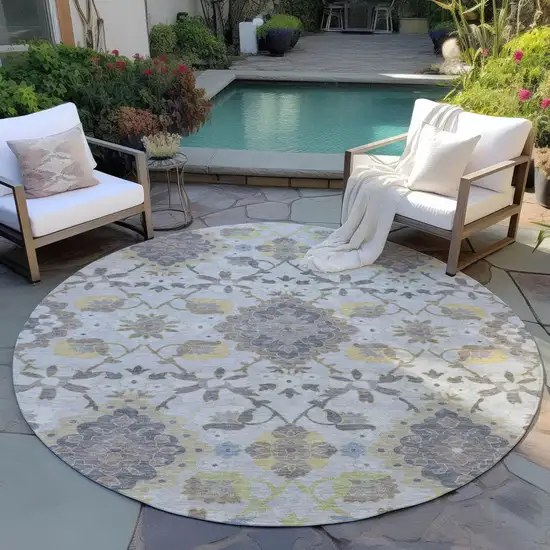8' Gray Green And Brown Round Oriental Washable Indoor Outdoor Area Rug Photo 7