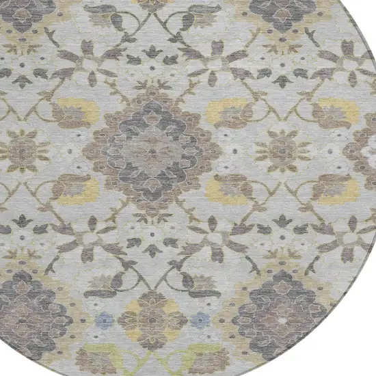 8' Gray Green And Brown Round Oriental Washable Indoor Outdoor Area Rug Photo 5