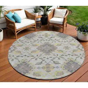 Photo of 8' Gray Green And Brown Round Oriental Washable Indoor Outdoor Area Rug