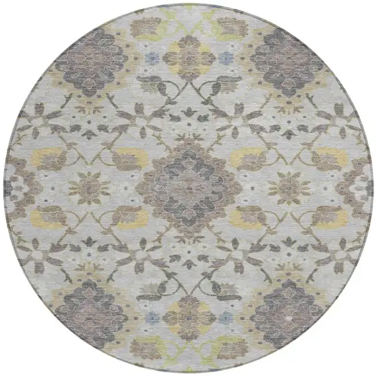 8' Gray Green And Brown Round Oriental Washable Indoor Outdoor Area Rug Photo 6