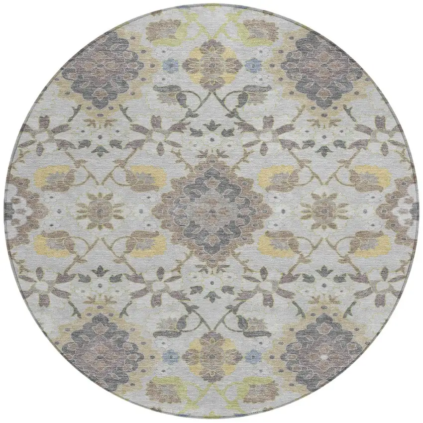 8' Gray Green And Brown Round Oriental Washable Indoor Outdoor Area Rug Photo 6