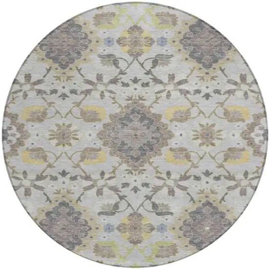 8' Gray Green And Brown Round Oriental Washable Indoor Outdoor Area Rug Photo 2