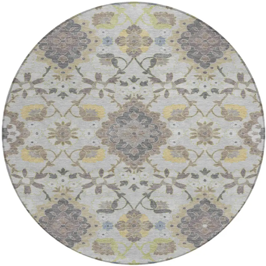 8' Gray Green And Brown Round Oriental Washable Indoor Outdoor Area Rug Photo 2