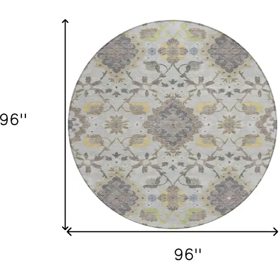 8' Gray Green And Brown Round Oriental Washable Indoor Outdoor Area Rug Photo 3