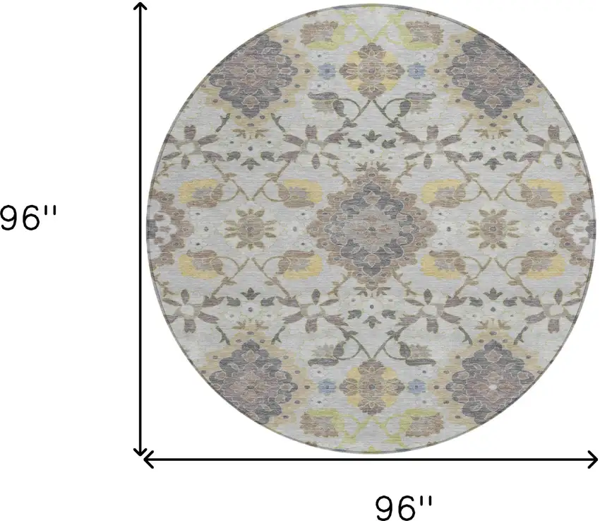 8' Gray Green And Brown Round Oriental Washable Indoor Outdoor Area Rug Photo 3