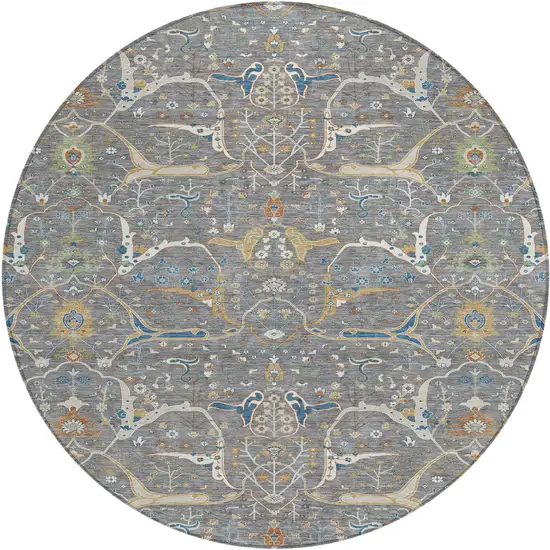 8' Gray Green And Copper Round Floral Washable Indoor Outdoor Area Rug Photo 2