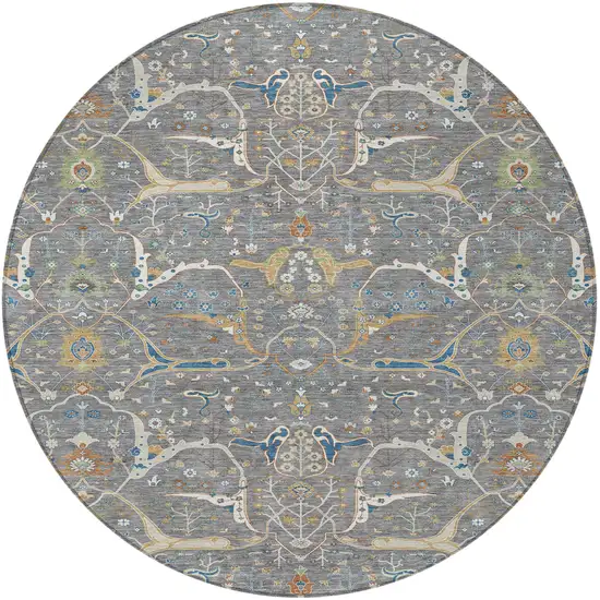8' Gray Green And Copper Round Floral Washable Indoor Outdoor Area Rug Photo 4