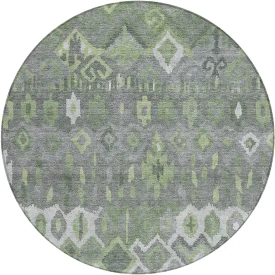 8' Gray Green And Ivory Round Geometric Washable Indoor Outdoor Area Rug Photo 2