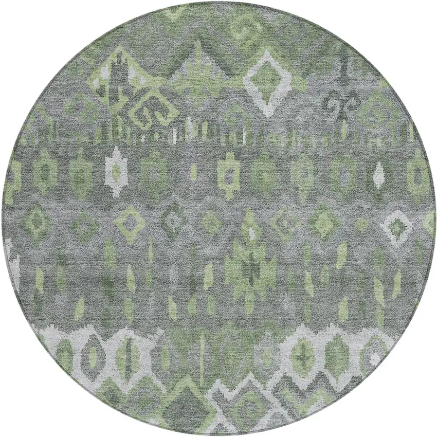 8' Gray Green And Ivory Round Geometric Washable Indoor Outdoor Area Rug Photo 2