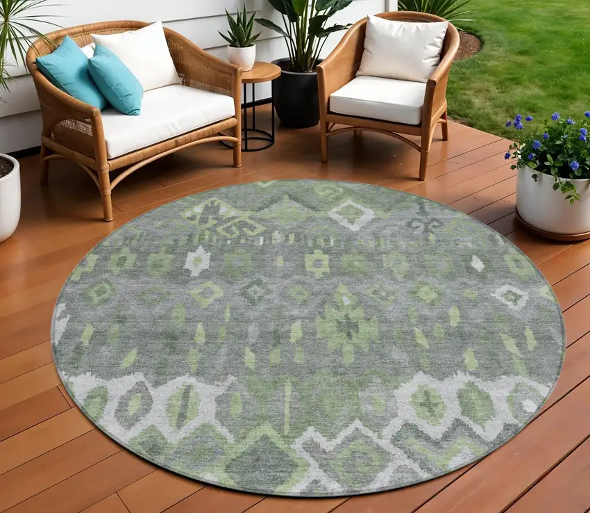 8' Gray Green And Ivory Round Geometric Washable Indoor Outdoor Area Rug Photo 1