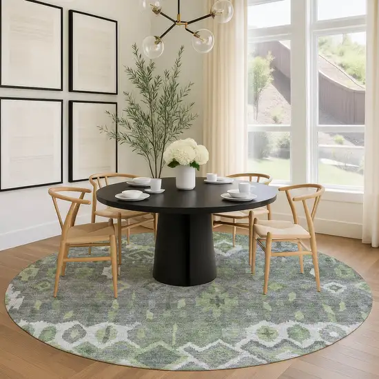 8' Gray Green And Ivory Round Geometric Washable Indoor Outdoor Area Rug Photo 9