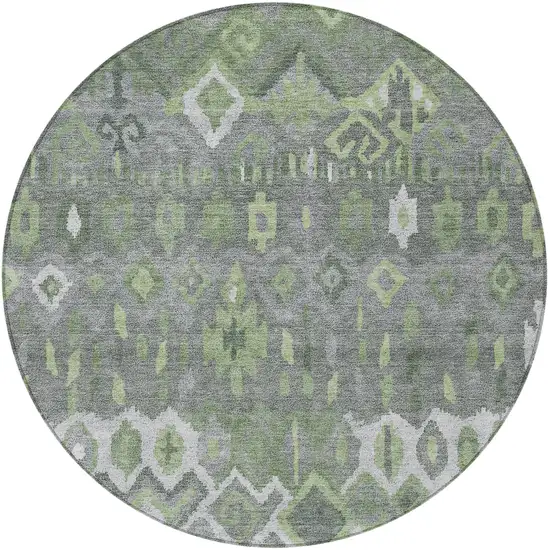 8' Gray Green And Ivory Round Geometric Washable Indoor Outdoor Area Rug Photo 5